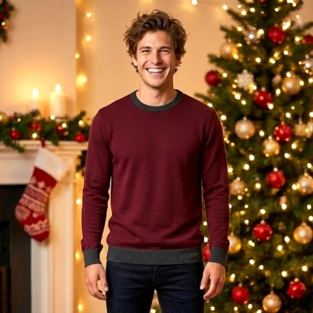 Theory Mens XL Crewneck Sweater Rothley Castellos Merino Wool Burgundy Holiday